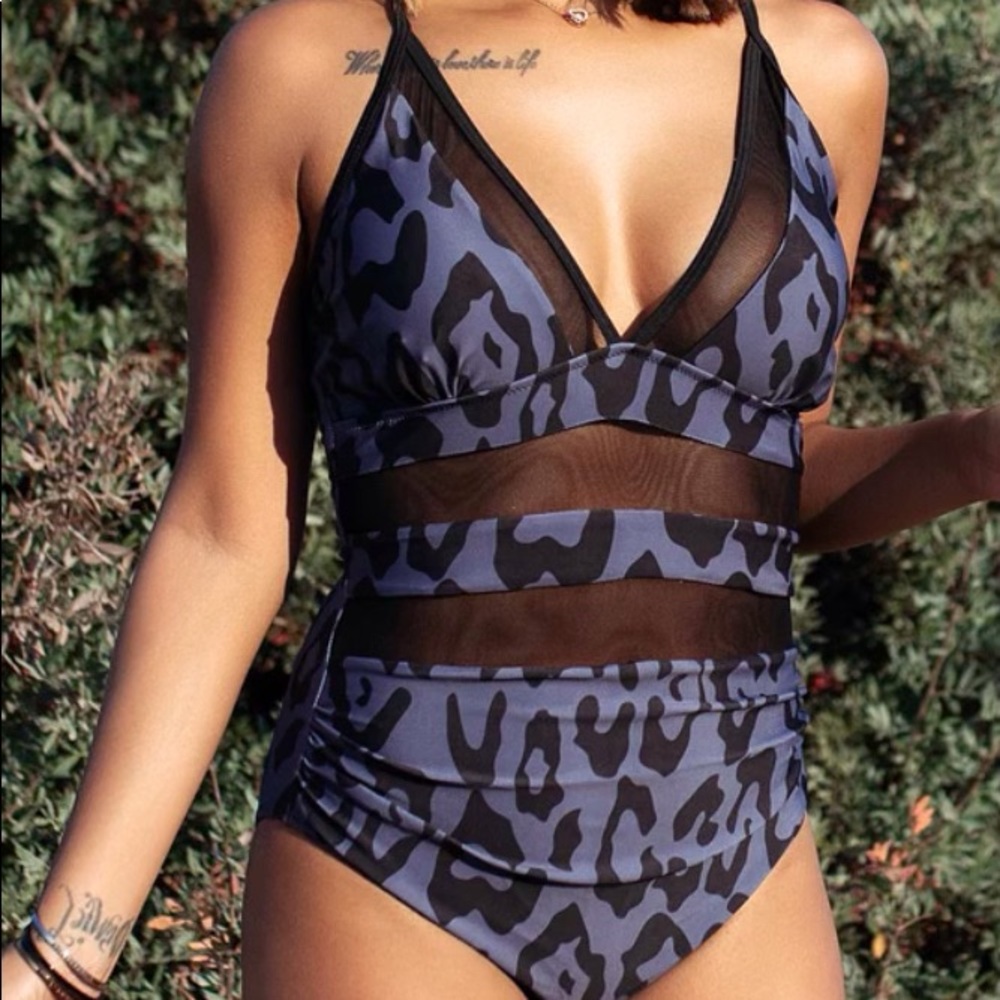 Leopard Print Mesh Patchwork One Piece Swimsuit Size XXL